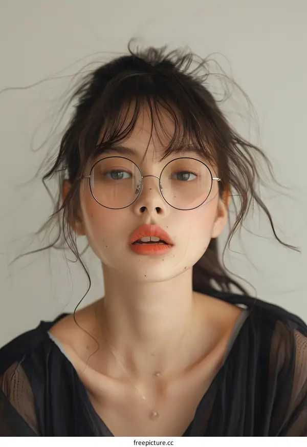 Young Woman with Glasses and Messy Hair
