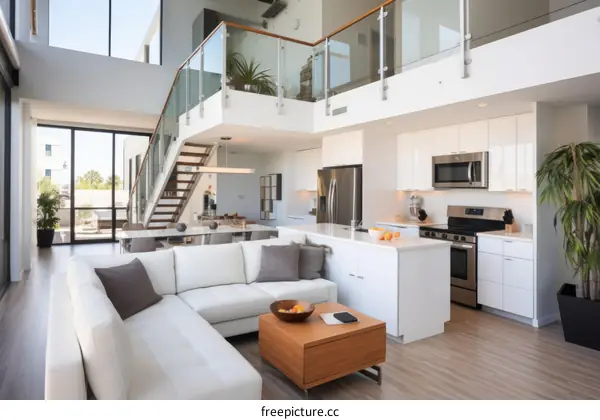 Airy and bright living room with high ceilings and an open floor plan