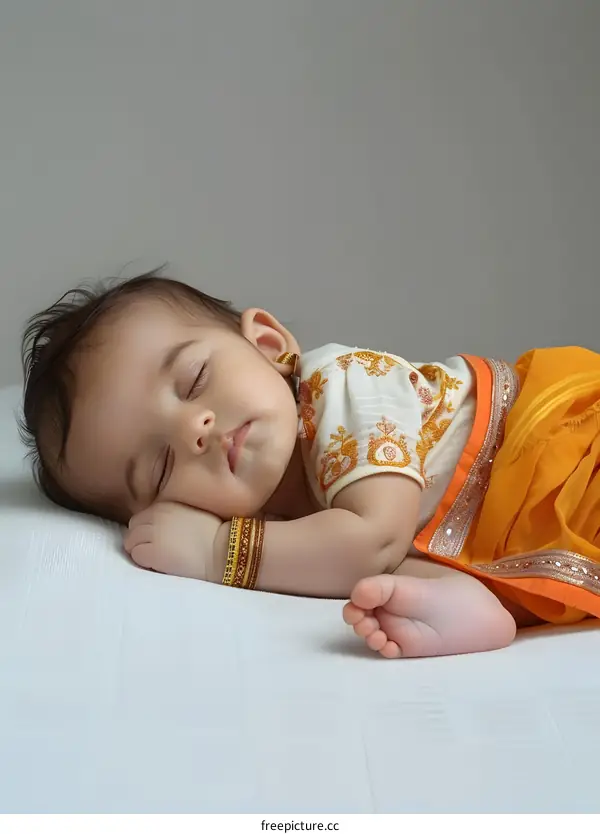 Sleeping Indian Baby Girl Wearing Traditional Saree