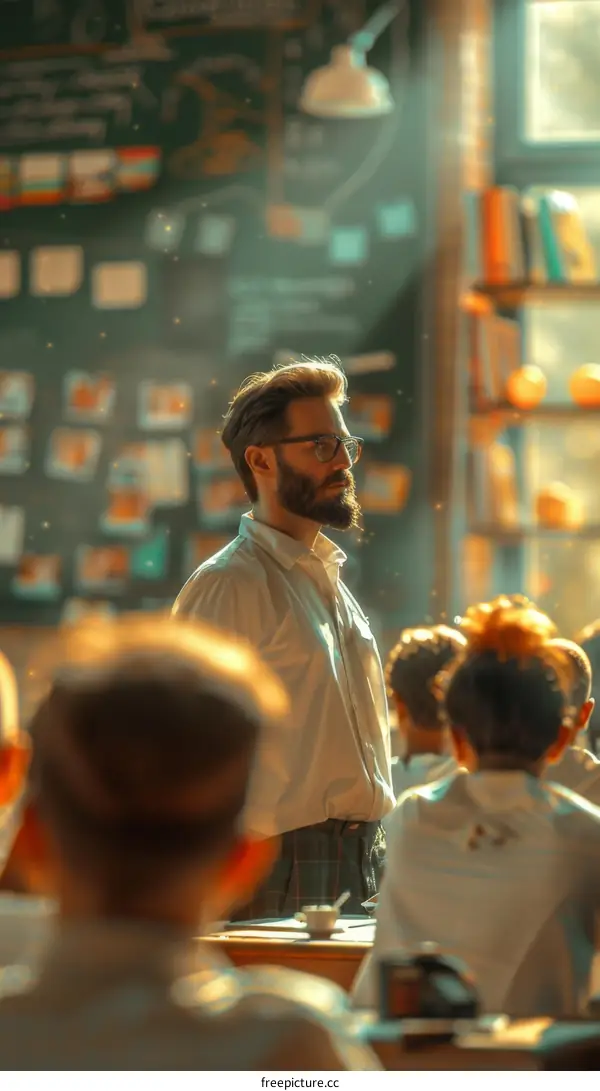 Bearded teacher standing in front of a blackboard in a classroom