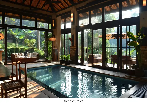 The sunlight shines into the house through the floor-to-ceiling windows