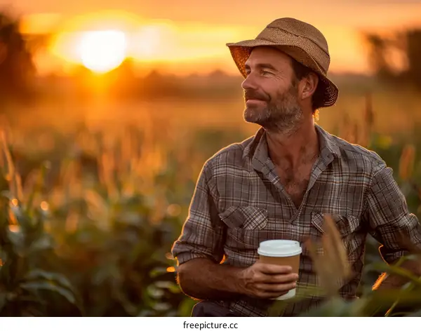 A farmer is drinking coffee and looking at the sunset in a corn field.