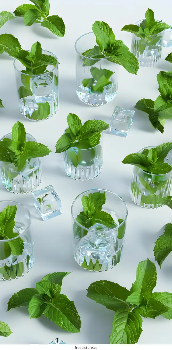 Fresh Mint Leaves in Glasses with Ice