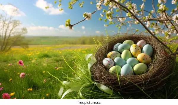 A beautiful Easter background with a nest full of colorful Easter eggs in a field of flowers