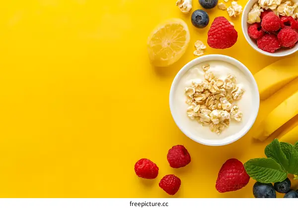 Yellow Background with Yogurt, Fruits and Granola