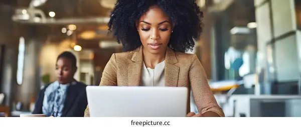 African American Woman Working on Laptop in Modern Office
