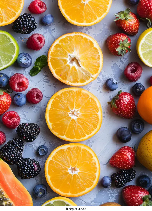 Oranges, Blackberries, Raspberries, Blueberries, and Strawberries