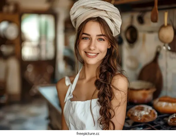 portrait of a beautiful young woman in a white apron and headscarf smiling in a kitchen