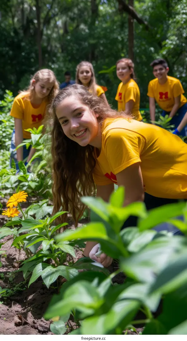 Smiling girl with long brown hair and yellow T-shirt kneels in garden of yellow flowers
