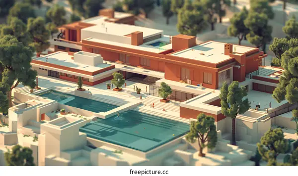 Modern House with Swimming Pool in Low Poly Style