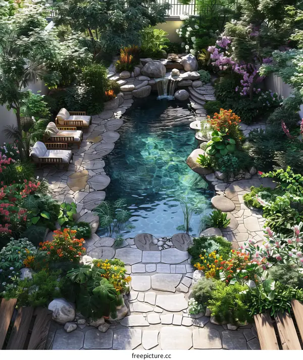 Courtyard with a Pool and a Waterfall