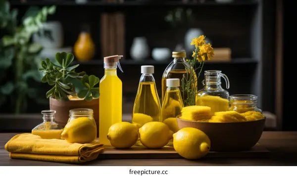 Still life of various lemon products and flowers