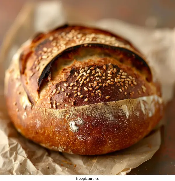 Close up of a boule style sourdough bread