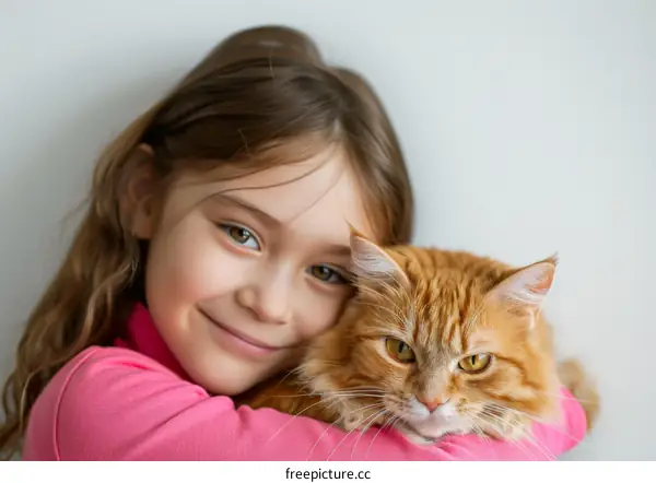 little girl hugging an orange cat