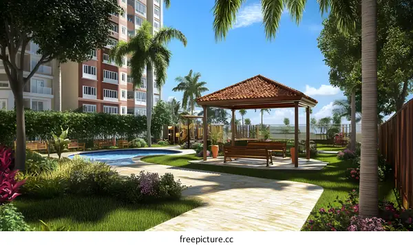 Tropical Garden With Palm Trees Pool and Gazebo