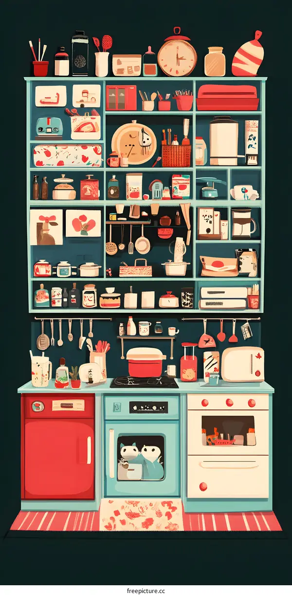 Cute Illustration of a Kitchen with Cartoon Animals Inside the Oven