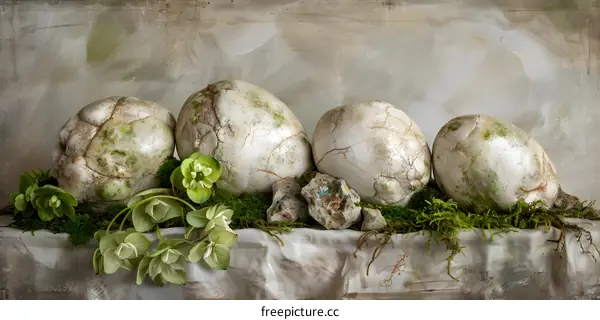 Four White Eggs Nestled in Moss