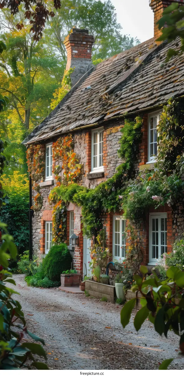 Charming English Cottage with Autumn Foliage