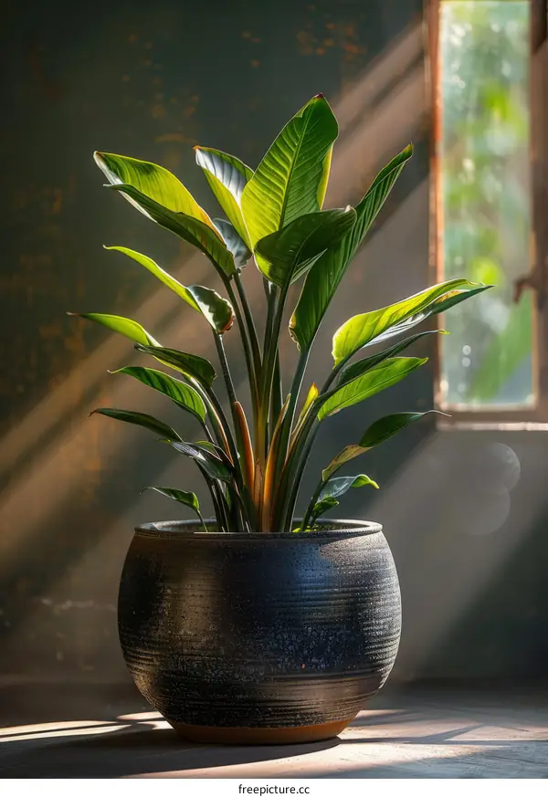 Bird of Paradise Plant in a Pot by a Window