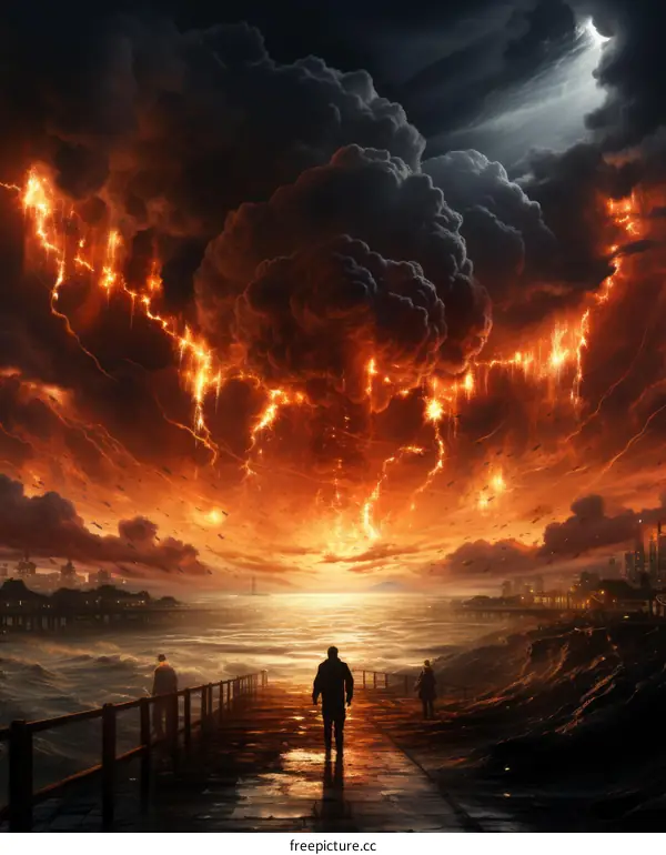 A group of people walking on a pier during a thunderstorm