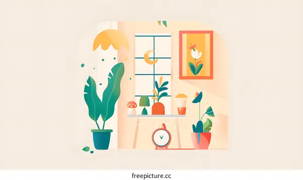 Colorful Illustration of a Room Interior with Plants and a Window