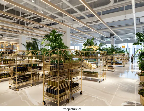 Modern Grocery Store Interior With Gold Shelves And Plants