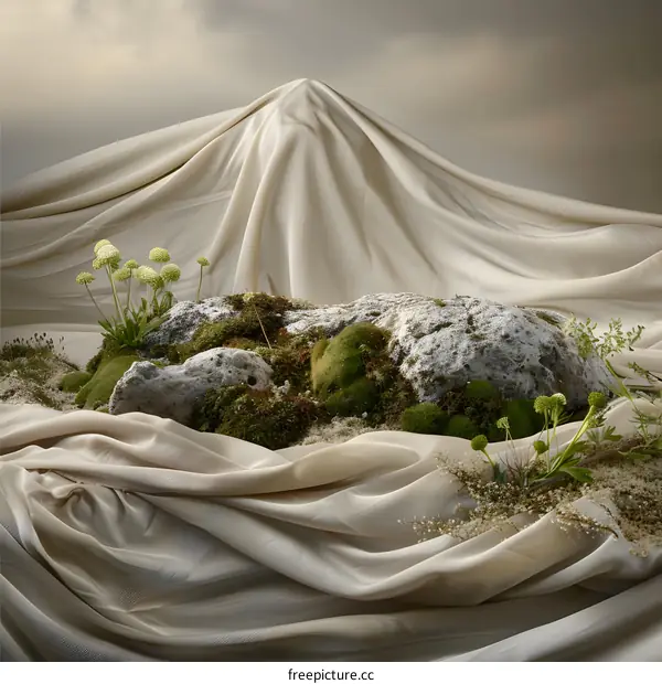 Abstract Still Life of Rocks and Moss Covered by a White Cloth