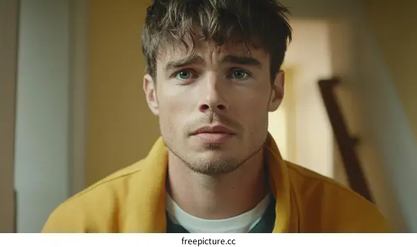 Close-up Portrait of a Young Man in a Mustard Yellow Jacket