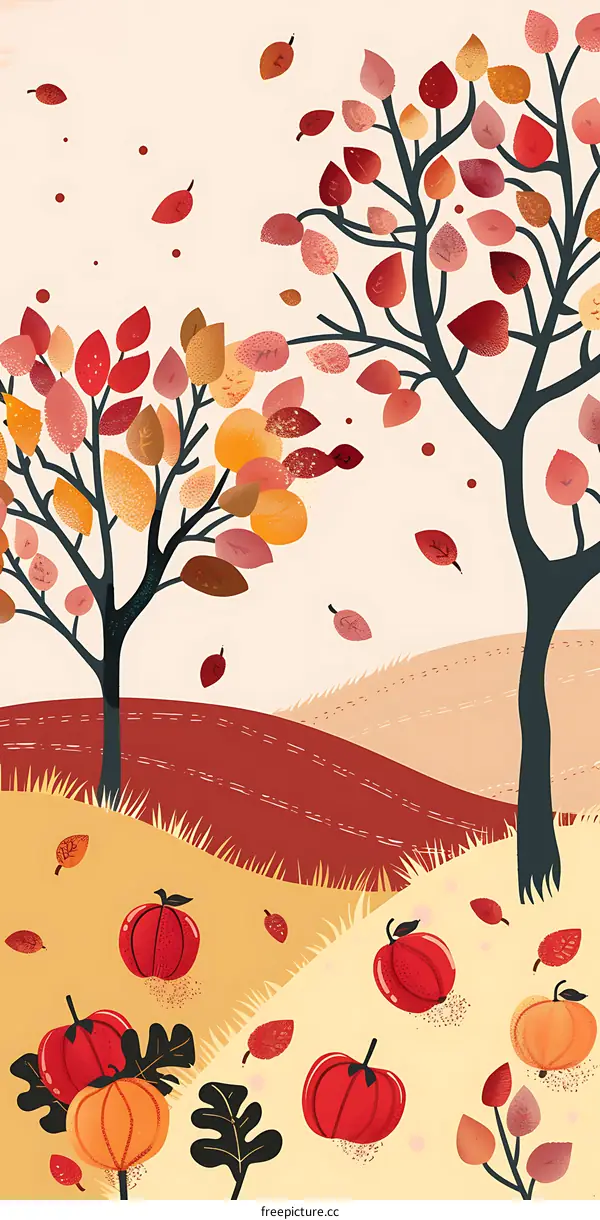 Autumn Leaves Falling from Trees in a Field Illustration