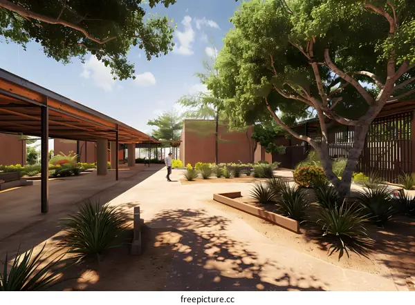 Modern Courtyard Design with Covered Walkway and Landscaping