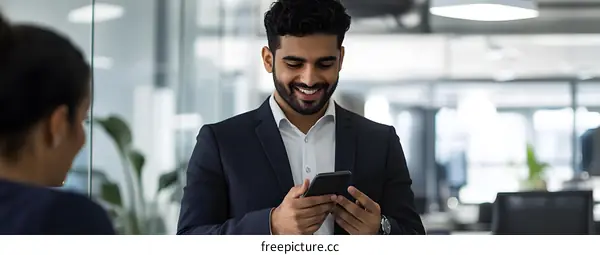 Smiling Businessman Using Smartphone In Office