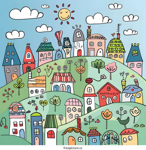 Colorful Hand Drawn Illustration Of A Town With Houses, Trees, And Sun
