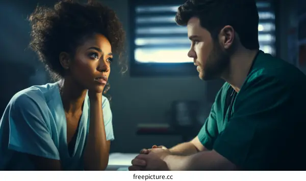A black female doctor and a white male doctor are having a serious conversation in a hospital.