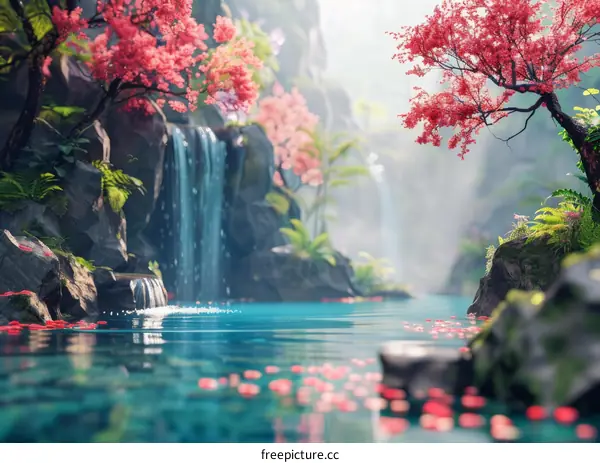 Magical Landscape with Cascading Waterfall and Blooming Cherry Trees