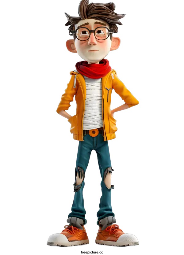 [Transparent Background PNG]3D Cartoon Boy with Ripped Jeans and a Yellow Jacket