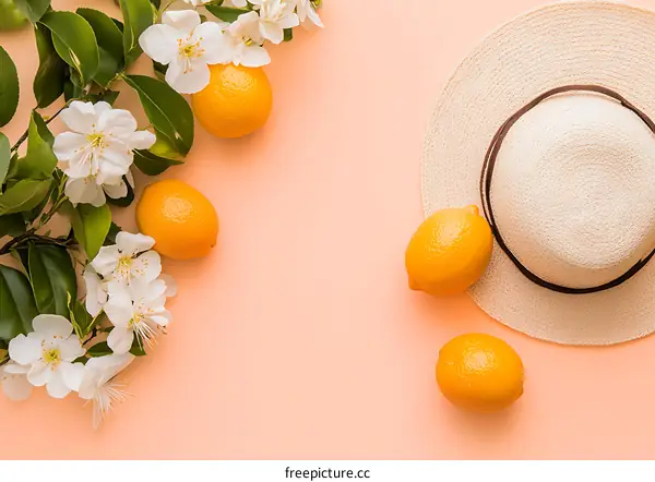 Summer Floral Arrangement with Lemons and Hat