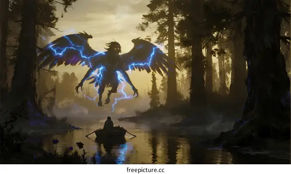 Mysterious Thunder Bird Soars Over Misty Forest River