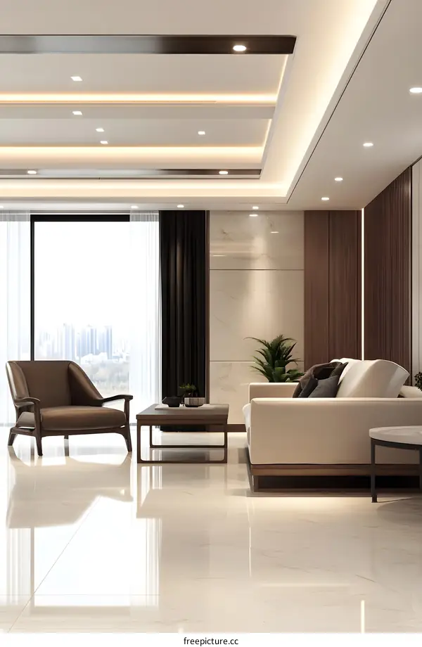 Modern Living Room Interior Design with White Sofa and Brown Chair