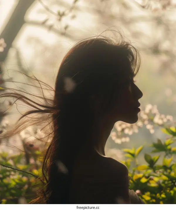 Portrait of a young woman with long hair blowing in the wind