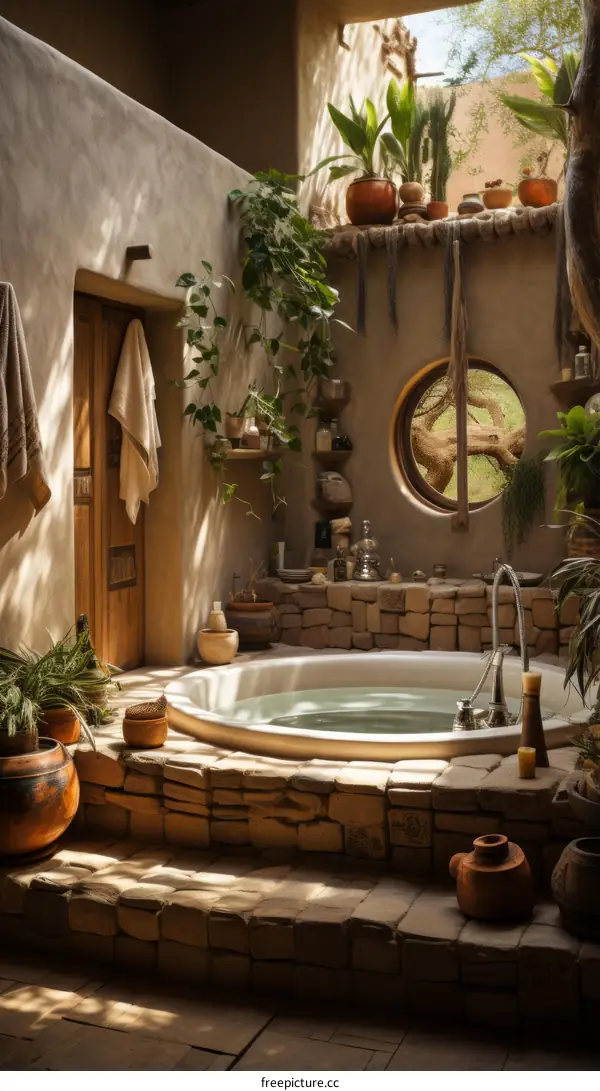 Bathroom with a large round bathtub and a lot of plants