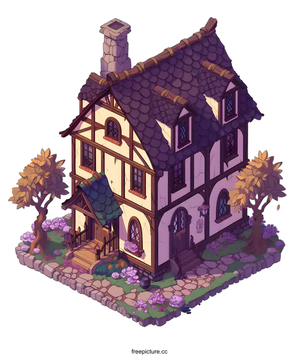[Transparent Background PNG]Medieval House with White Walls and Purple Roof