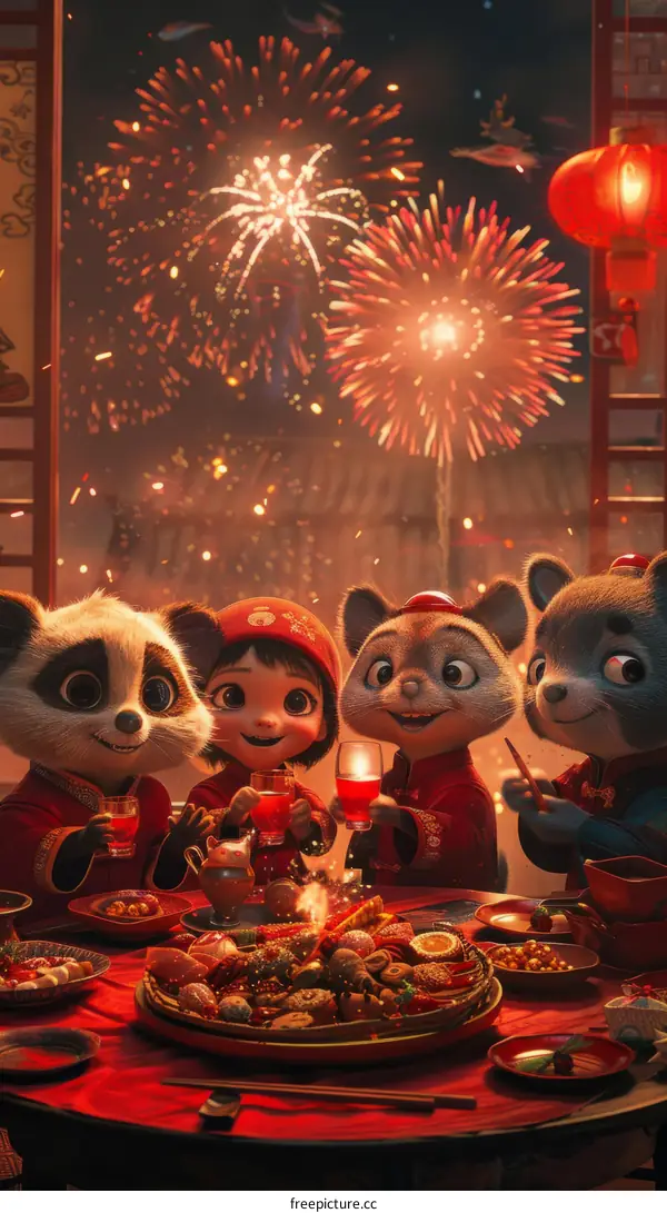 Four Cute Cartoon Animals Celebrating Chinese New Year