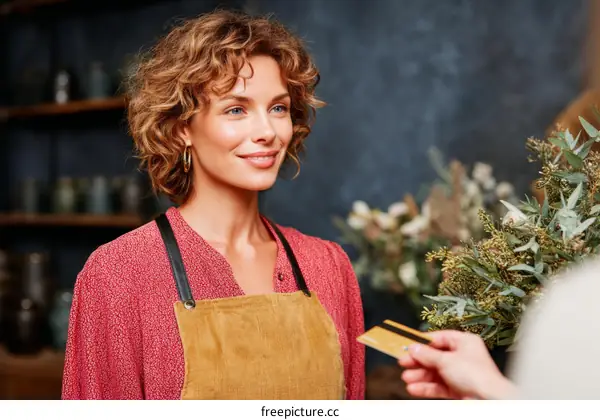 Woman Paying with Credit Card in Floral Shop