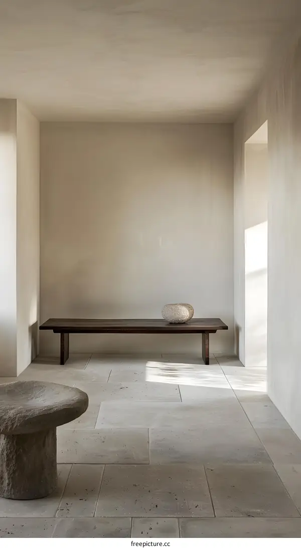 Minimalist Interior Design With Wooden Bench and Stone Stool