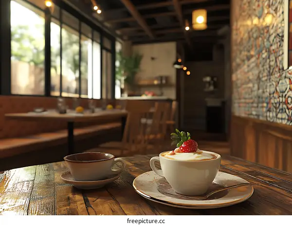 Close Up of Coffee and Pastry on a Wooden Table in a Cafe