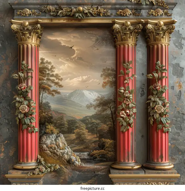 Vintage Decorative Columns with Scenic Landscape Painting