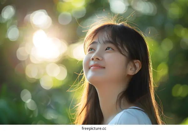 Young Asian Woman Smiles Up at the Sun Through Bokeh