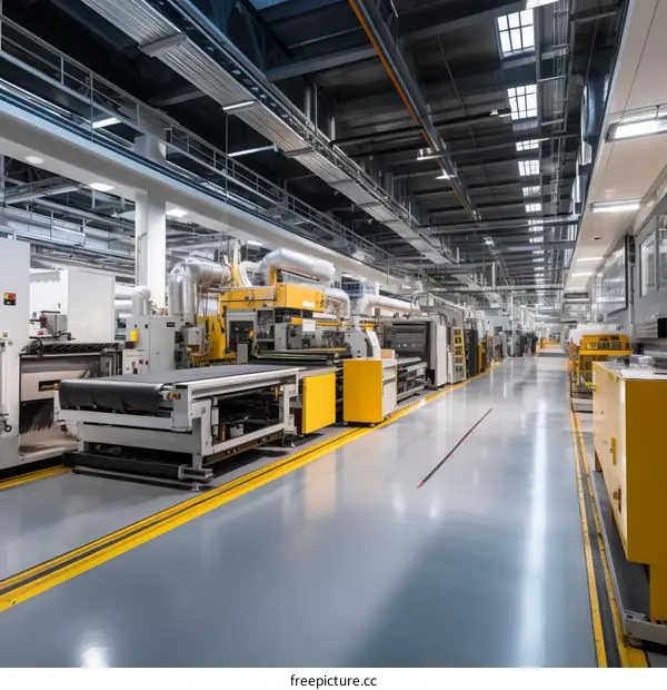 A factory production line with yellow machines and a yellow safety line on the floor
