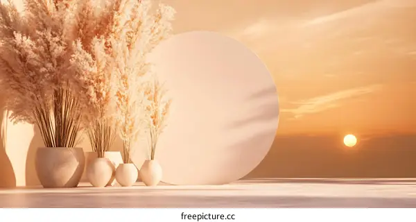Minimalist Beige Interior Design with Pampas Grass and Sunset Background