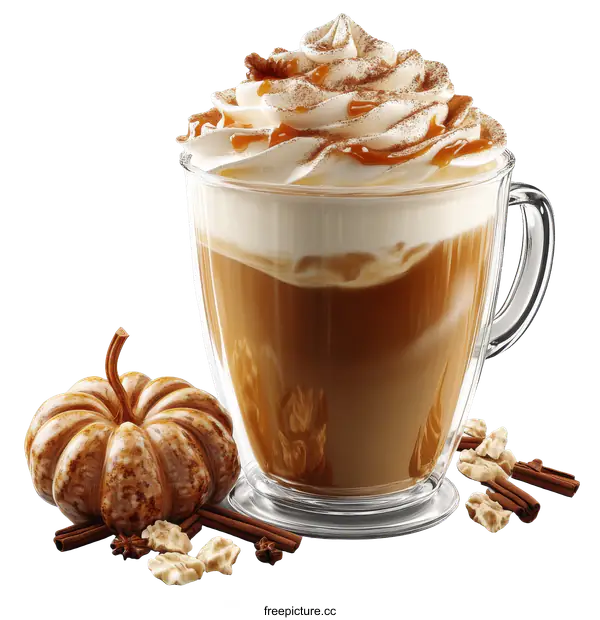 [Transparent Background PNG]Autumnal Spiced Caramel Latte in Glass Mug